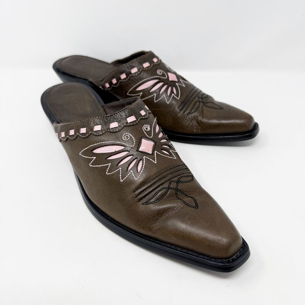 Vintage Y2K Sonora by Double-H Brown/Pink Leather Western Mules Women's Size 8.5